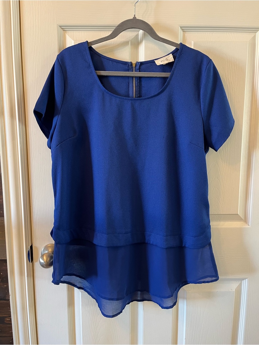 Perch by Blu Pepper Women’s Blue Short Sleeve Layered Chiffon Hem Top, 1XL